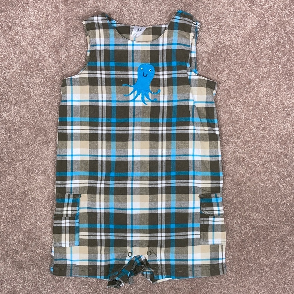 5/$20 Carters 24 month brown plaid octopus jon jon romper shortall